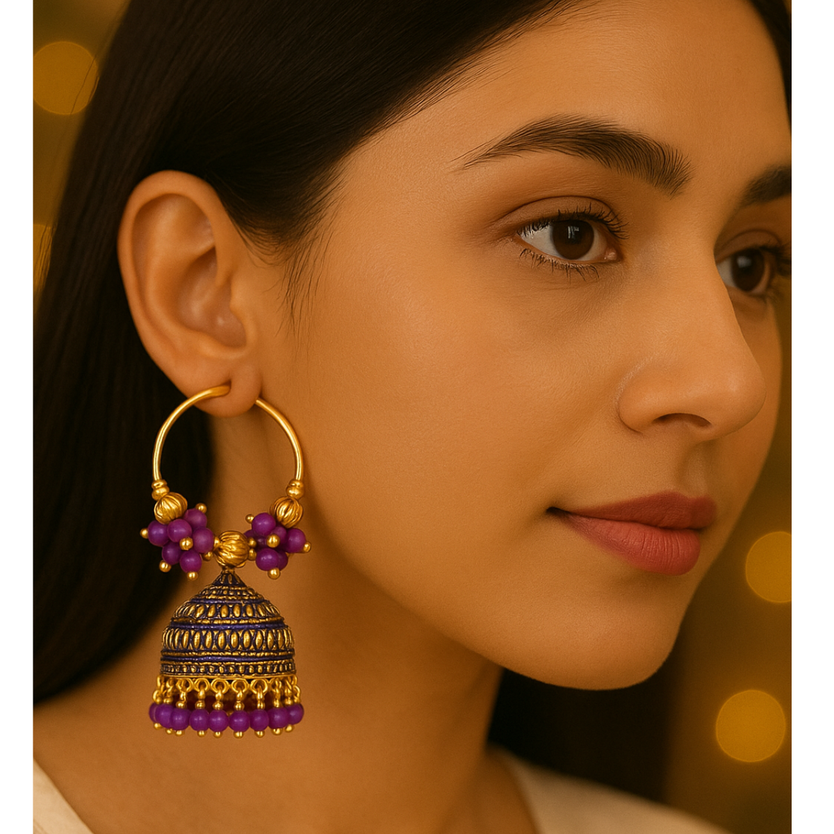 Traditional Hoop Jhumka Earrings with Purple Beads