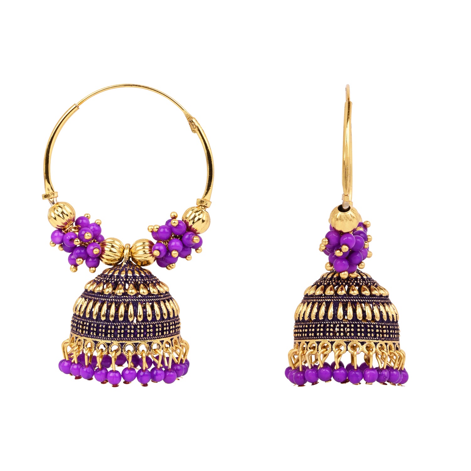 Traditional Hoop Jhumka Earrings with Purple Beads