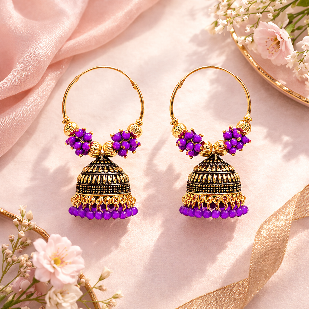 Traditional Hoop Jhumka Earrings with Purple Beads