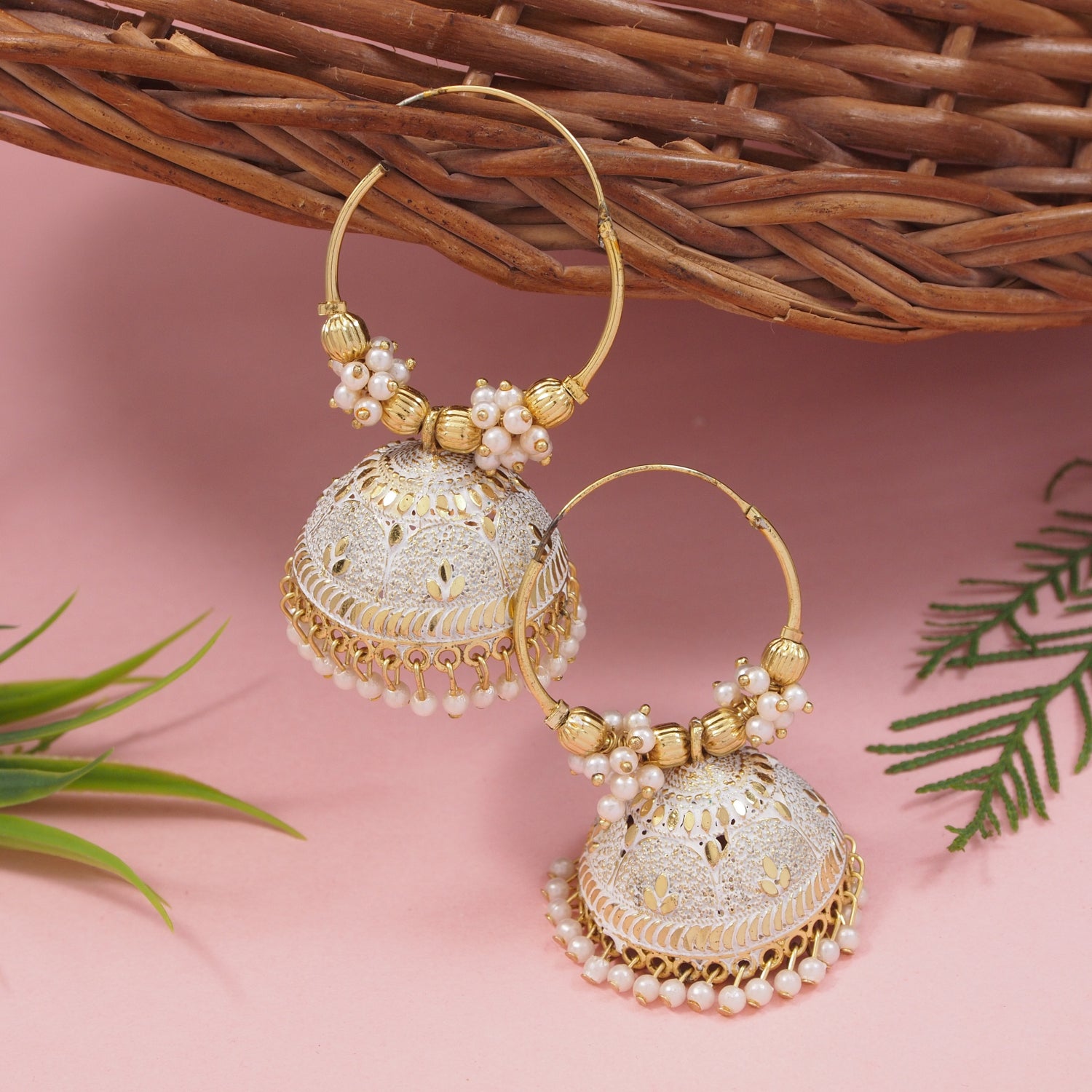 hoop jhumka earrings with white pearl beads