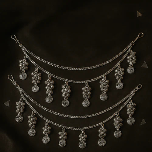 Oxidised Silver Jhumka Earrings with Layered Chain Ghungroo Ear Chains (Earring + Earchain Combo)