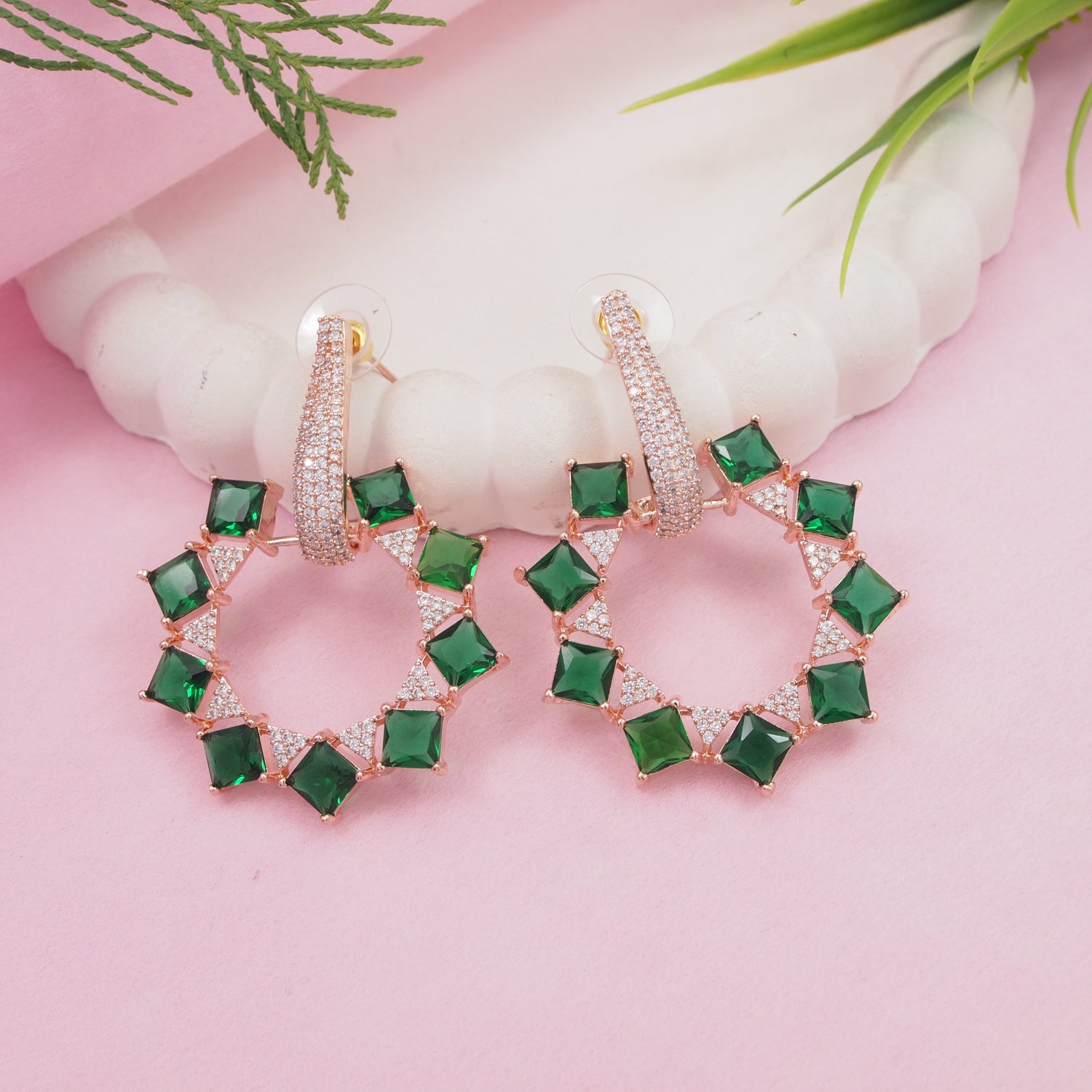 Aarika - Sparkling American Diamond Hoop Earrings with Emerald Stones