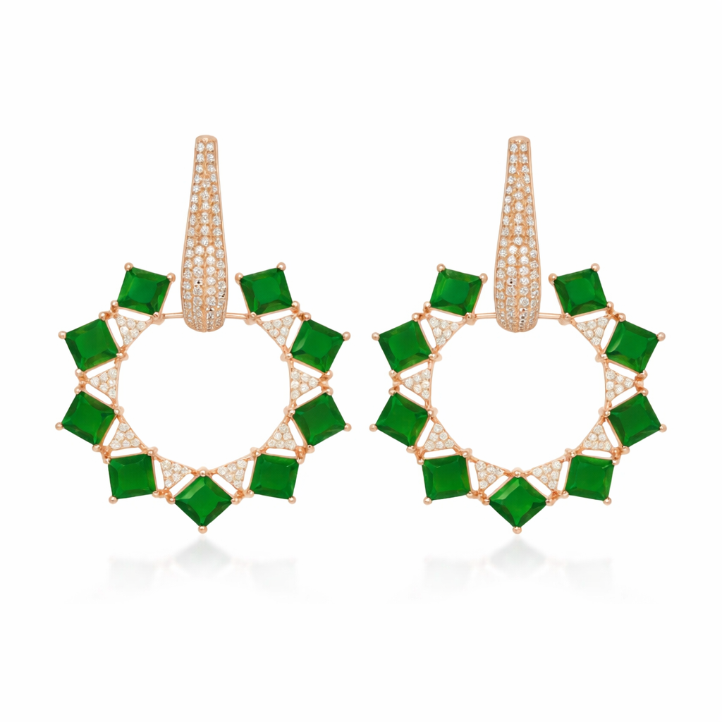 Aarika - Sparkling American Diamond Hoop Earrings with Emerald Stones