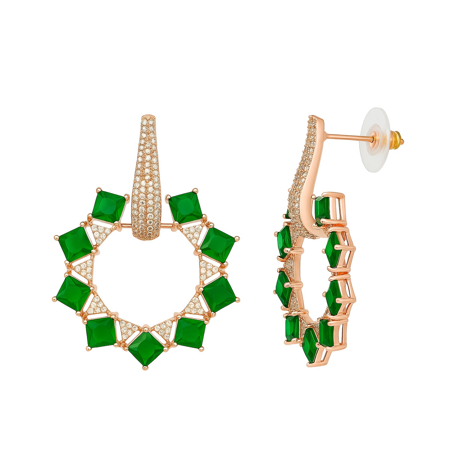 Aarika - Sparkling American Diamond Hoop Earrings with Emerald Stones