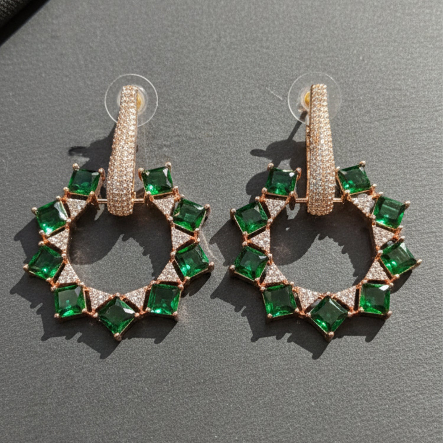 Aarika - Sparkling American Diamond Hoop Earrings with Emerald Stones