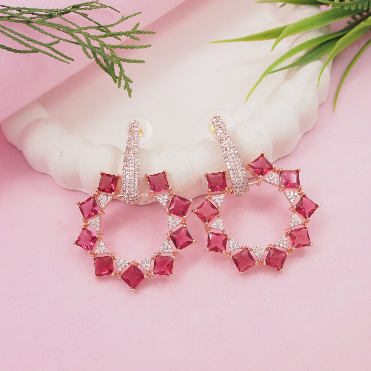 Aarika - Elegant American Diamond Hoop Earrings with Ruby Style Stones