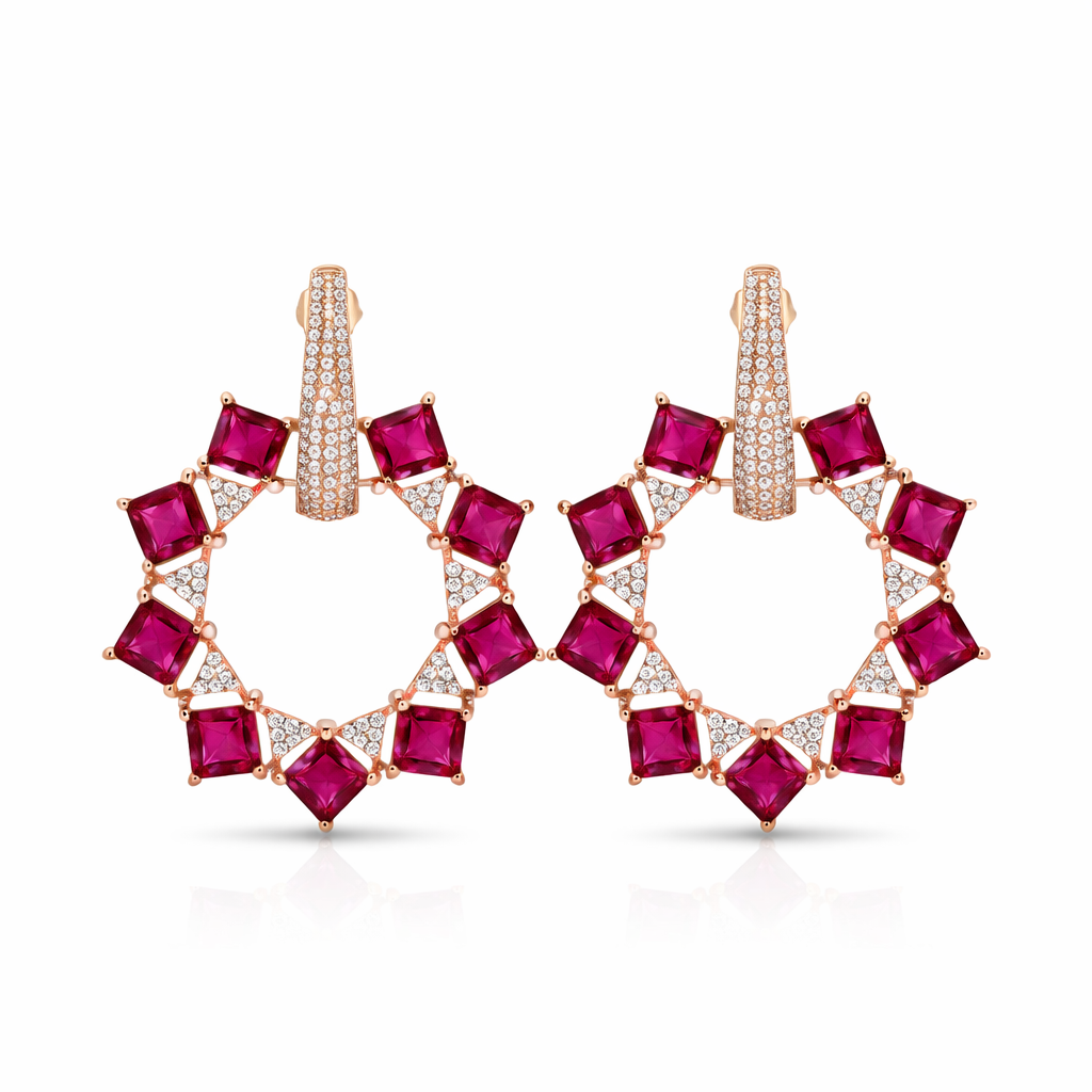Aarika - Elegant American Diamond Hoop Earrings with Ruby Style Stones