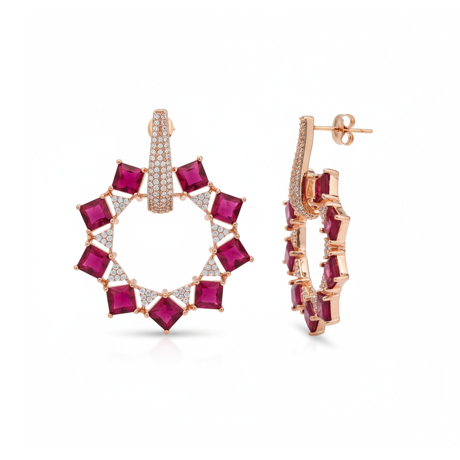 Aarika - Elegant American Diamond Hoop Earrings with Ruby Style Stones
