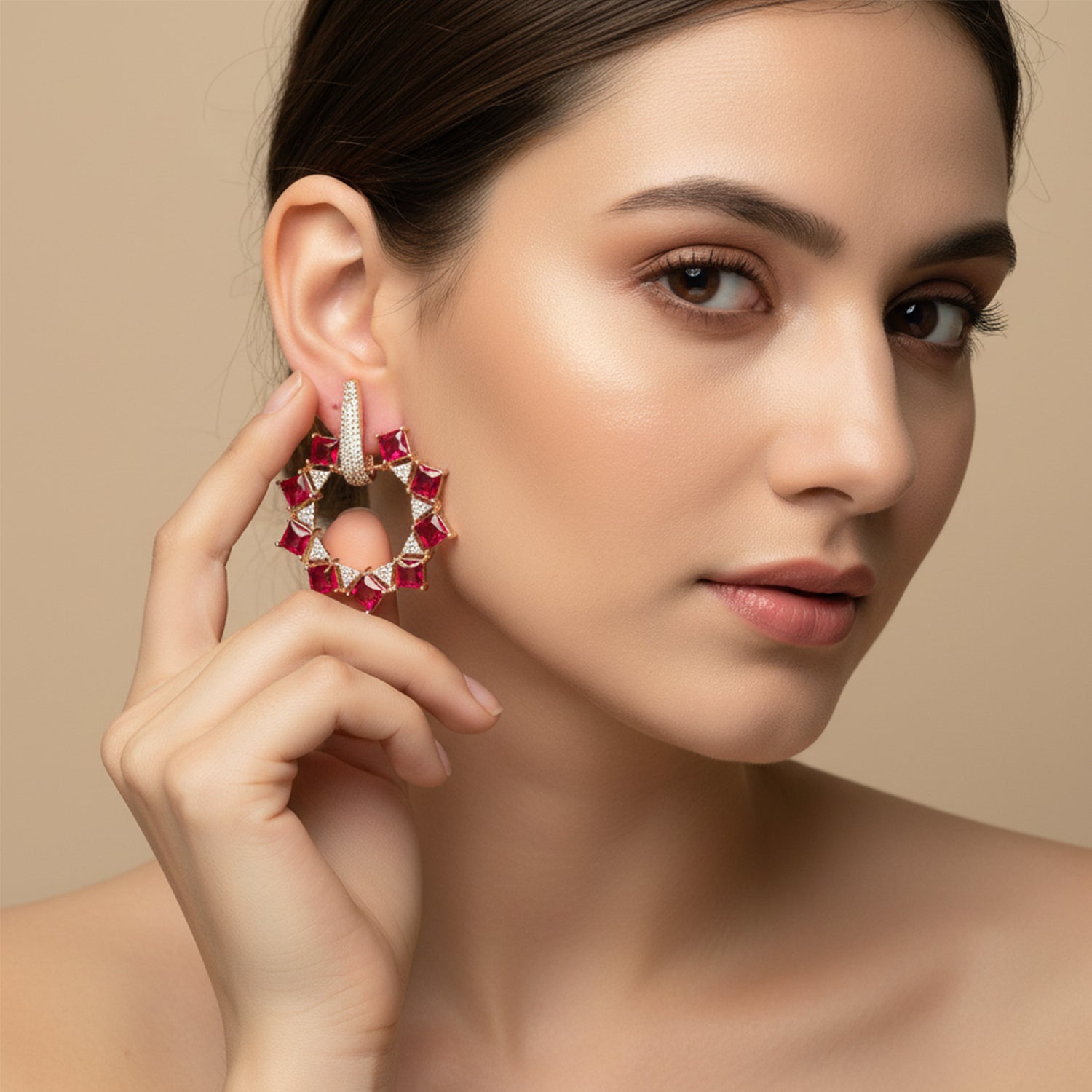 Aarika - Elegant American Diamond Hoop Earrings with Ruby Style Stones