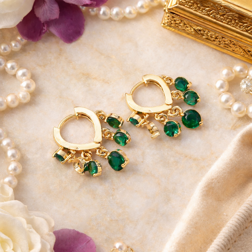 Sarvya -Mini Hoop Earrings with Emerald Inspired Stones