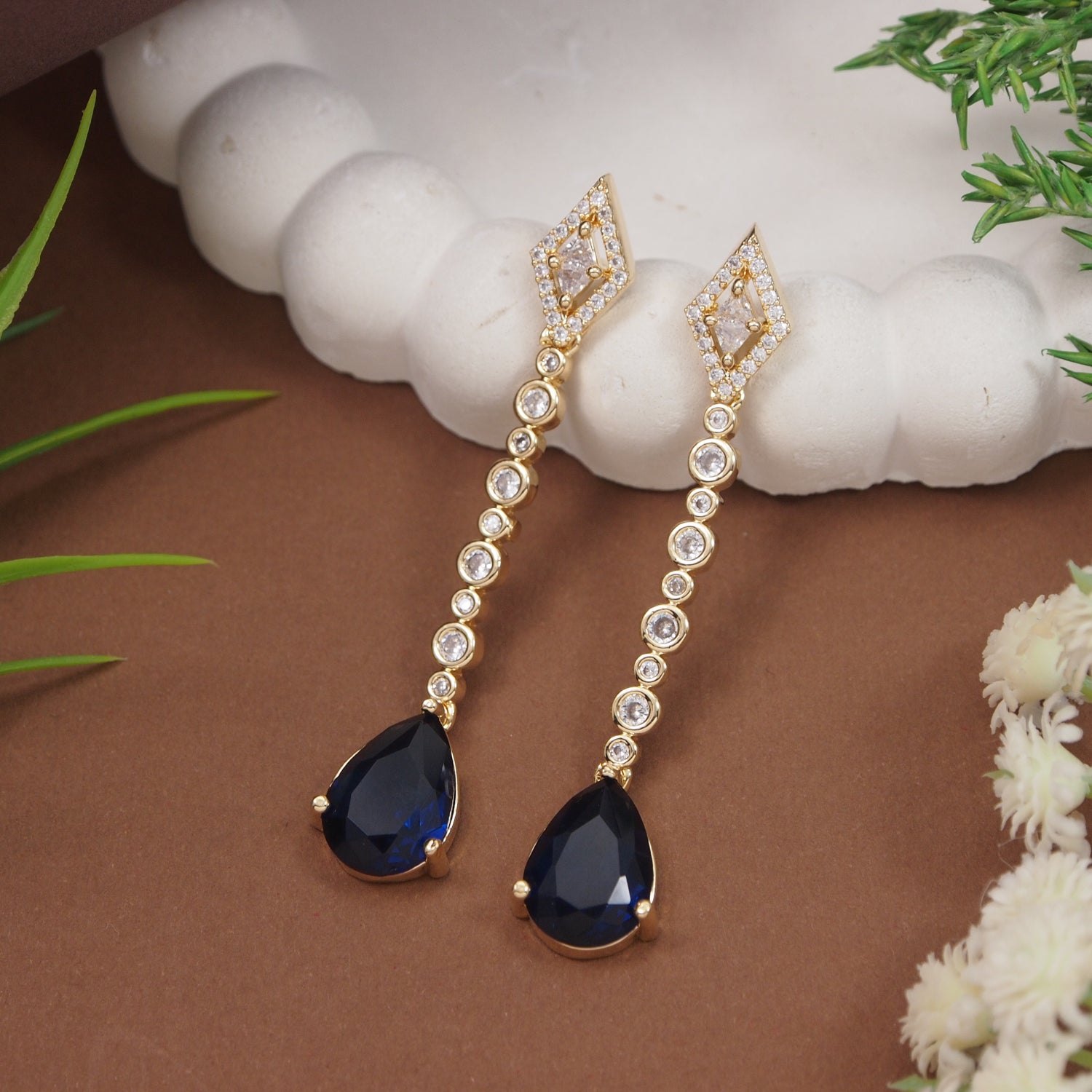 Zehana - American Diamond Long Drop Earrings with Sapphire Style Stones