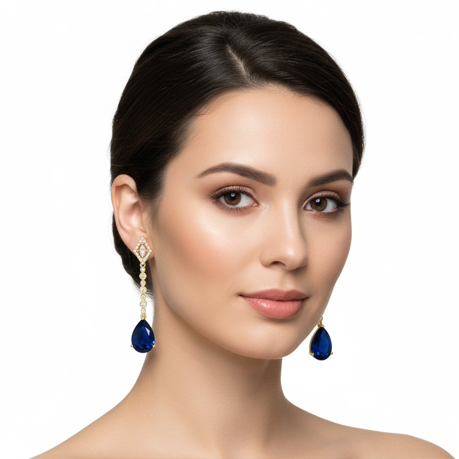 Zehana - American Diamond Long Drop Earrings with Sapphire Style Stones
