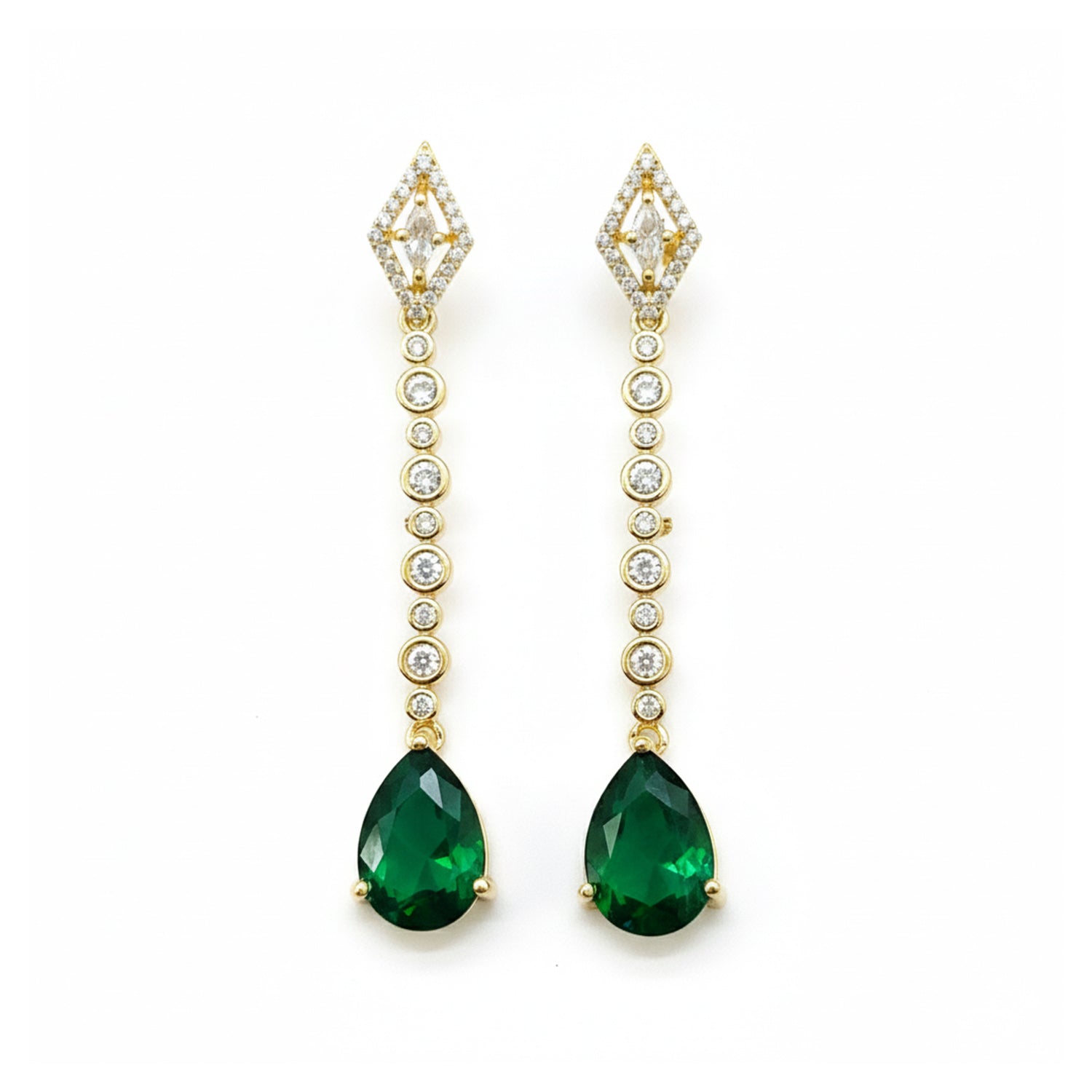 Zehana - Long Drop Earrings with Emerald Style Teardrop Stones