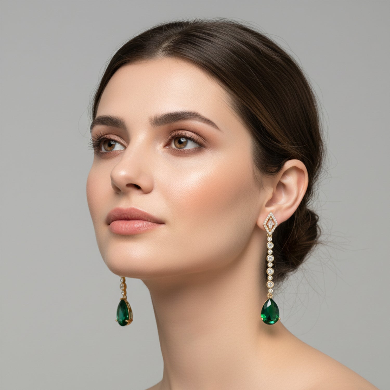 Zehana - Long Drop Earrings with Emerald Style Teardrop Stones