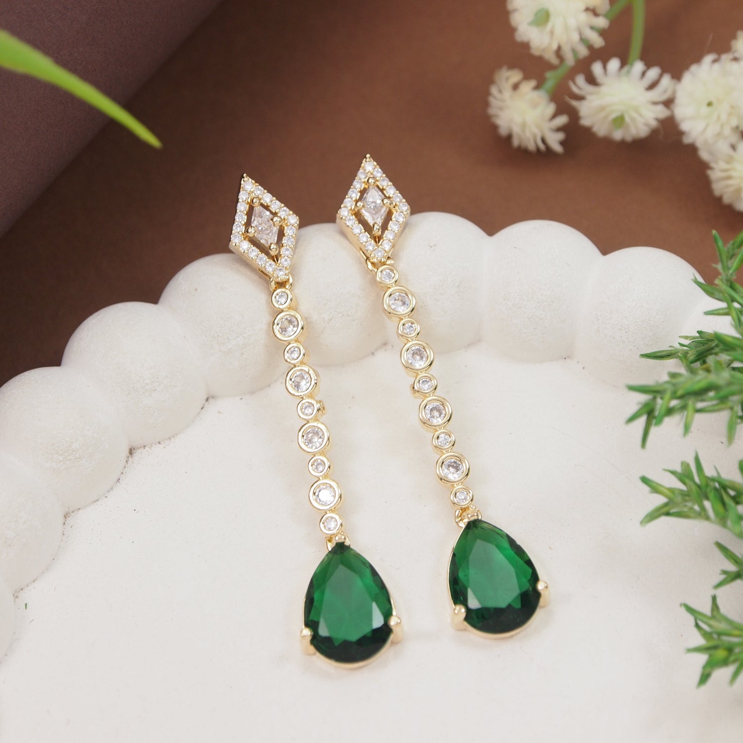 Zehana - Long Drop Earrings with Emerald Style Teardrop Stones