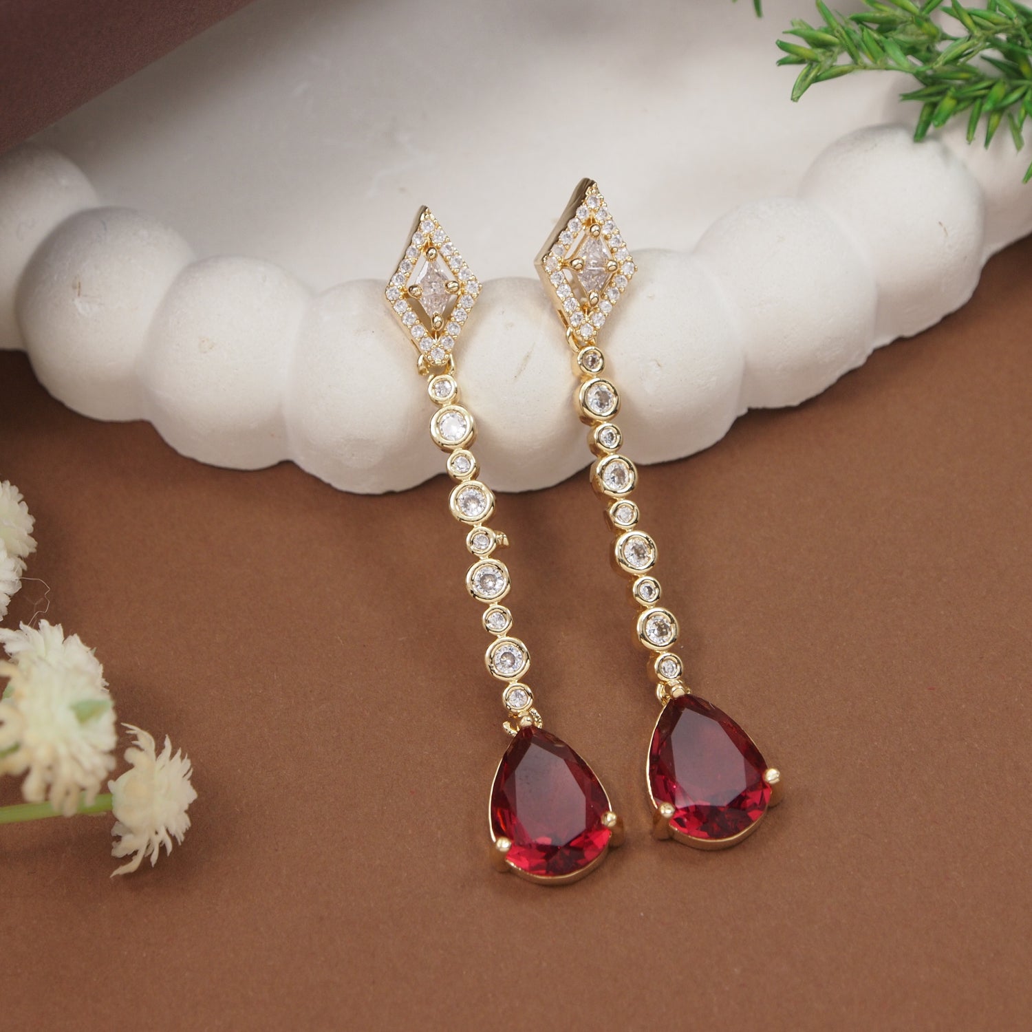Zehana - Long Drop Earrings with Ruby Style Teardrop Stones
