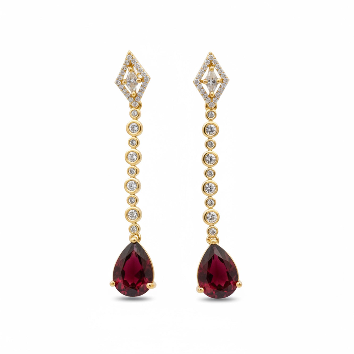 Zehana - Long Drop Earrings with Ruby Style Teardrop Stones