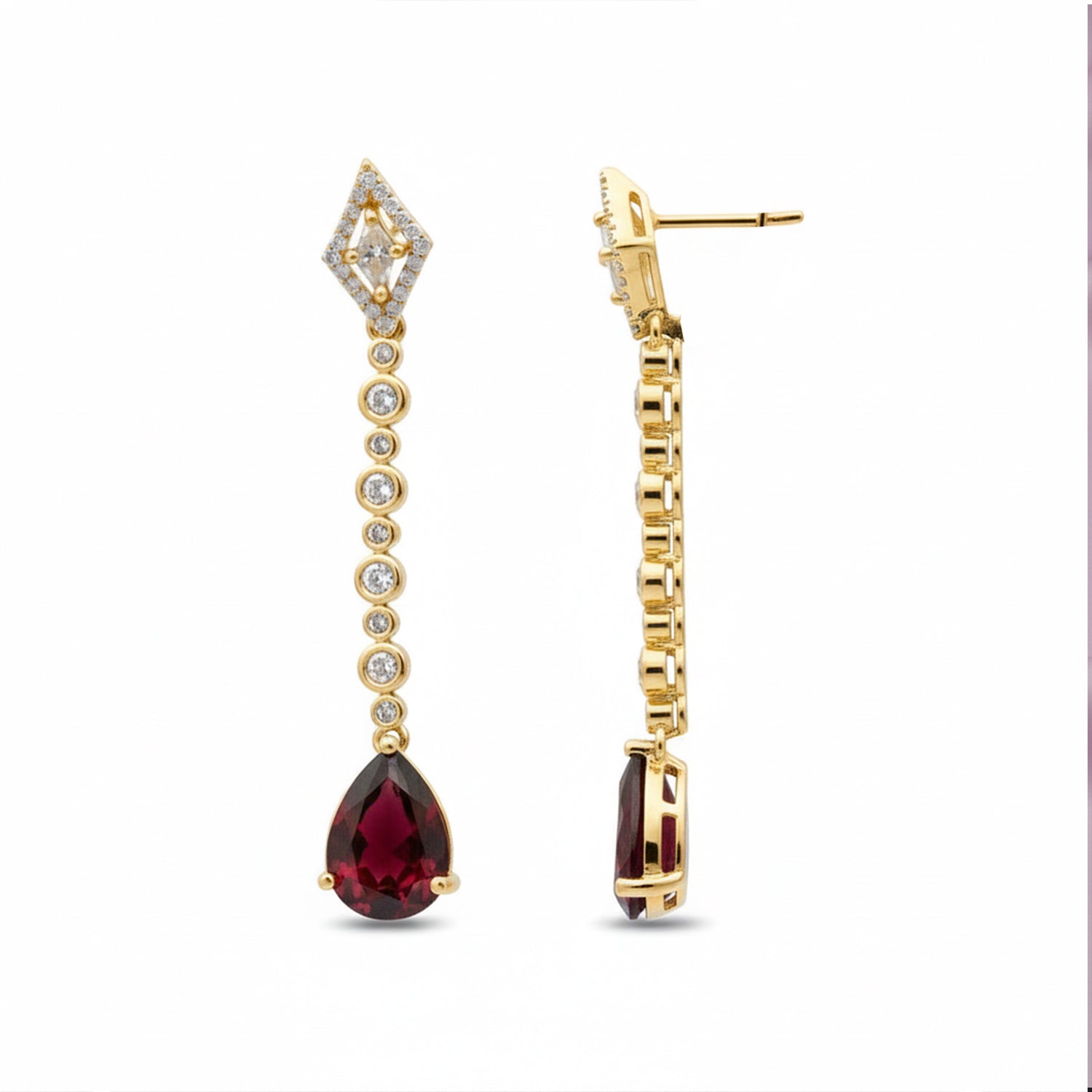 Zehana - Long Drop Earrings with Ruby Style Teardrop Stones
