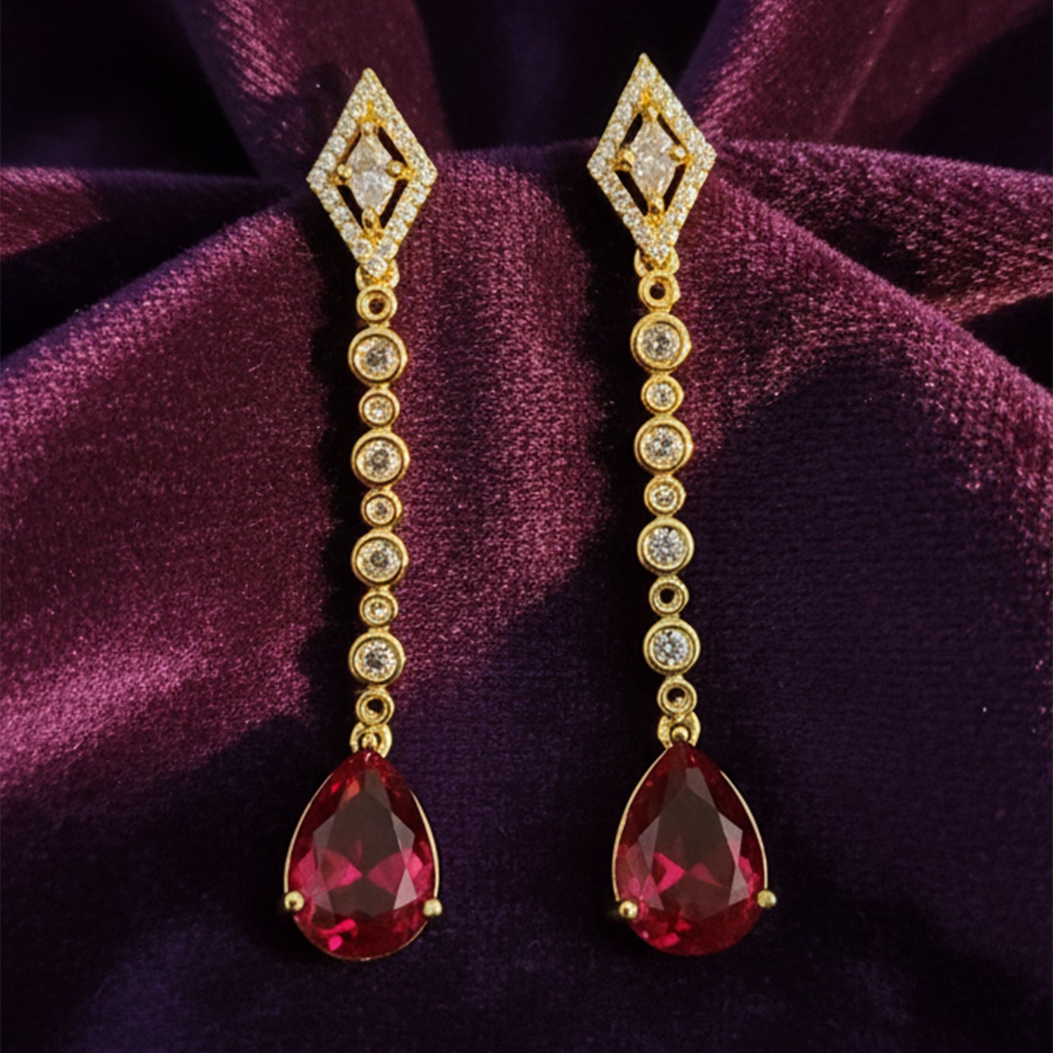 Zehana - Long Drop Earrings with Ruby Style Teardrop Stones