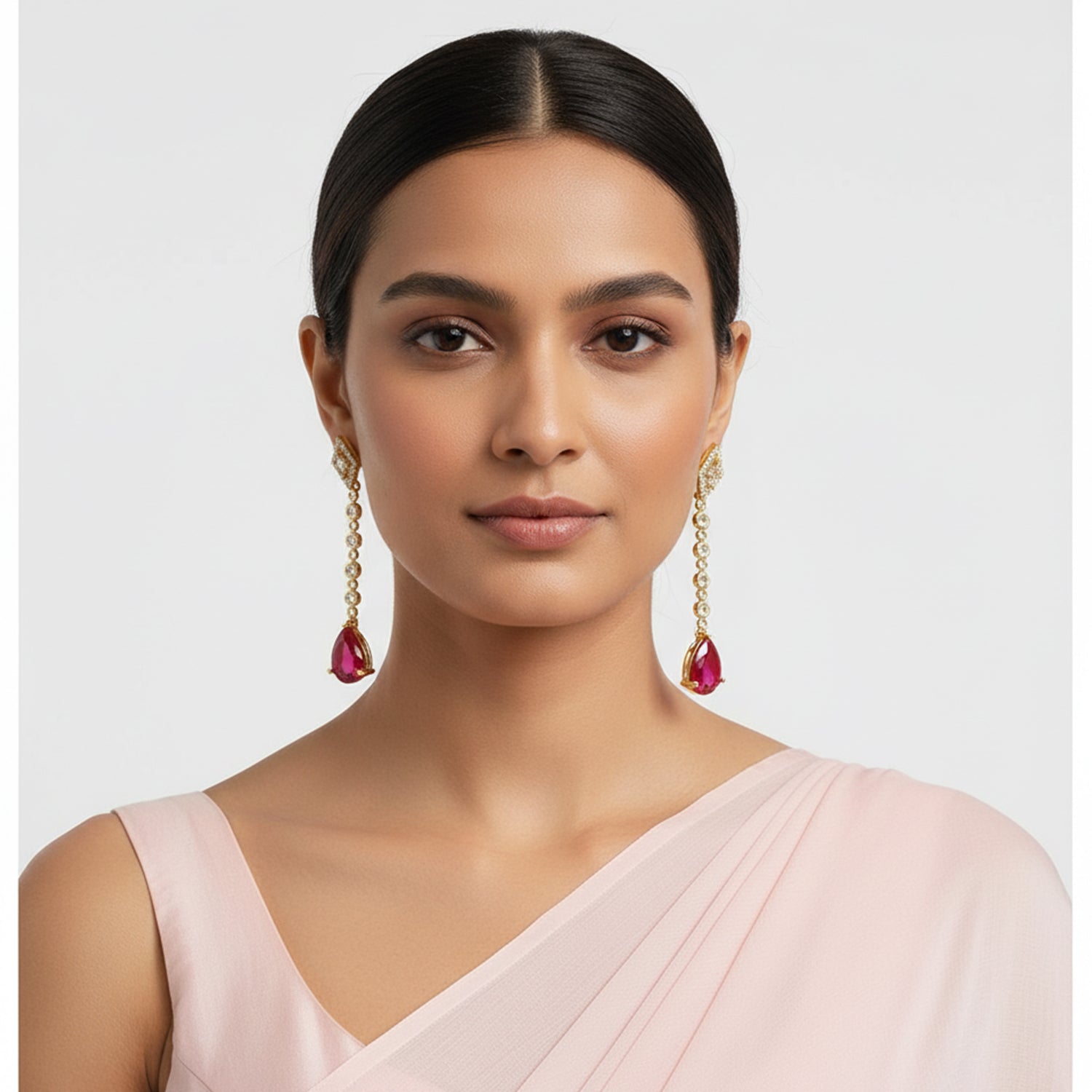 Zehana - Long Drop Earrings with Ruby Style Teardrop Stones