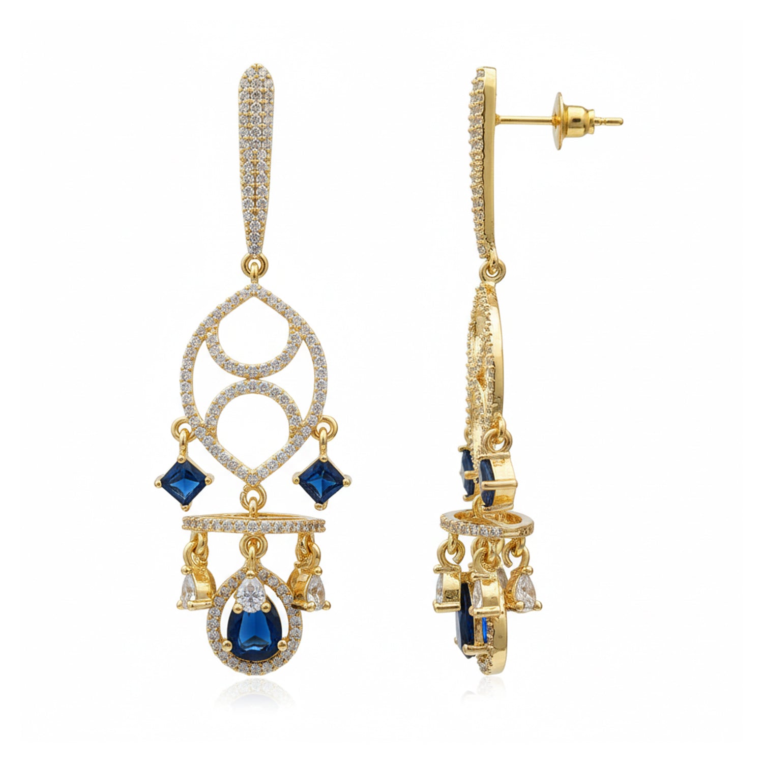 Naysha - American Diamond Chandelier Earrings with Blue Sapphire Style Stones