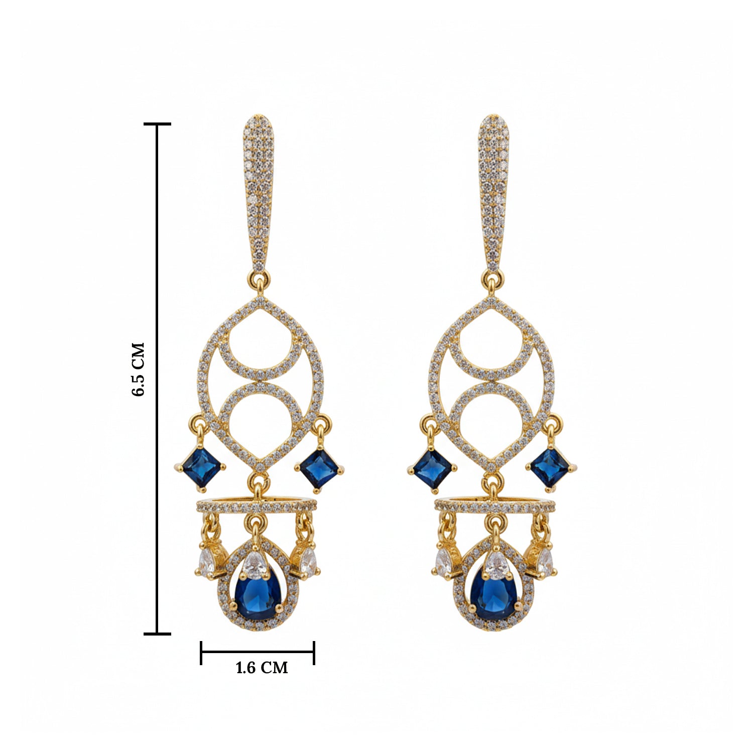 Naysha - American Diamond Chandelier Earrings with Blue Sapphire Style Stones