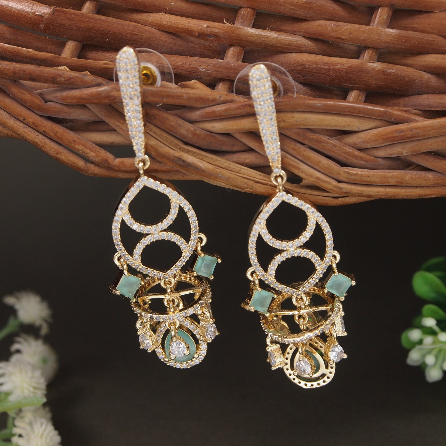 Naysha - American Diamond Chandelier Earrings with Mint Green Style Stones