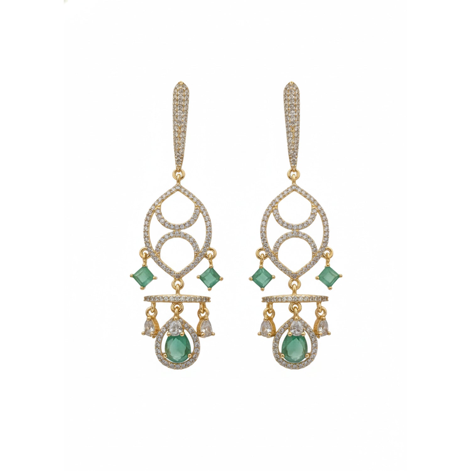 Naysha - American Diamond Chandelier Earrings with Mint Green Style Stones