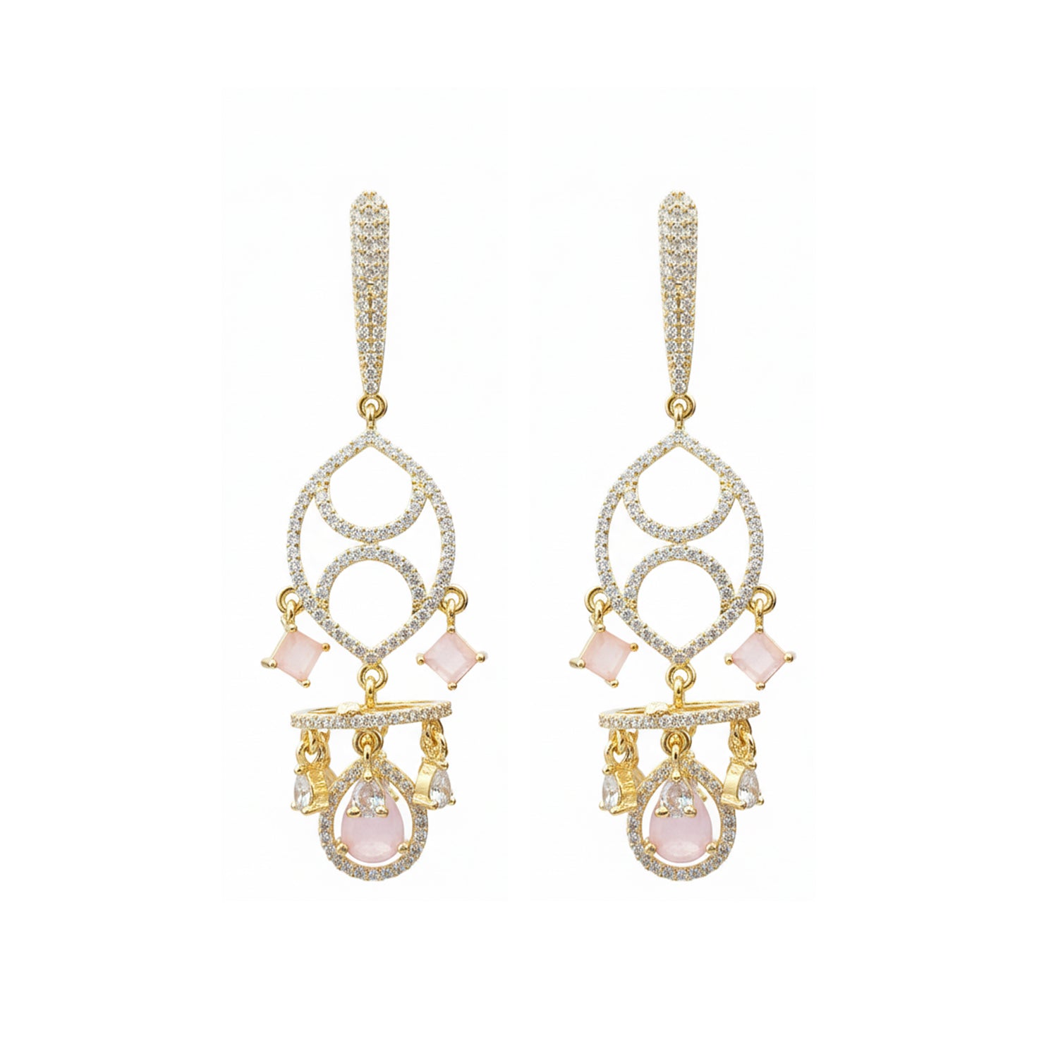 Naysha - American Diamond Chandelier Earrings with Pink Stone Detailing