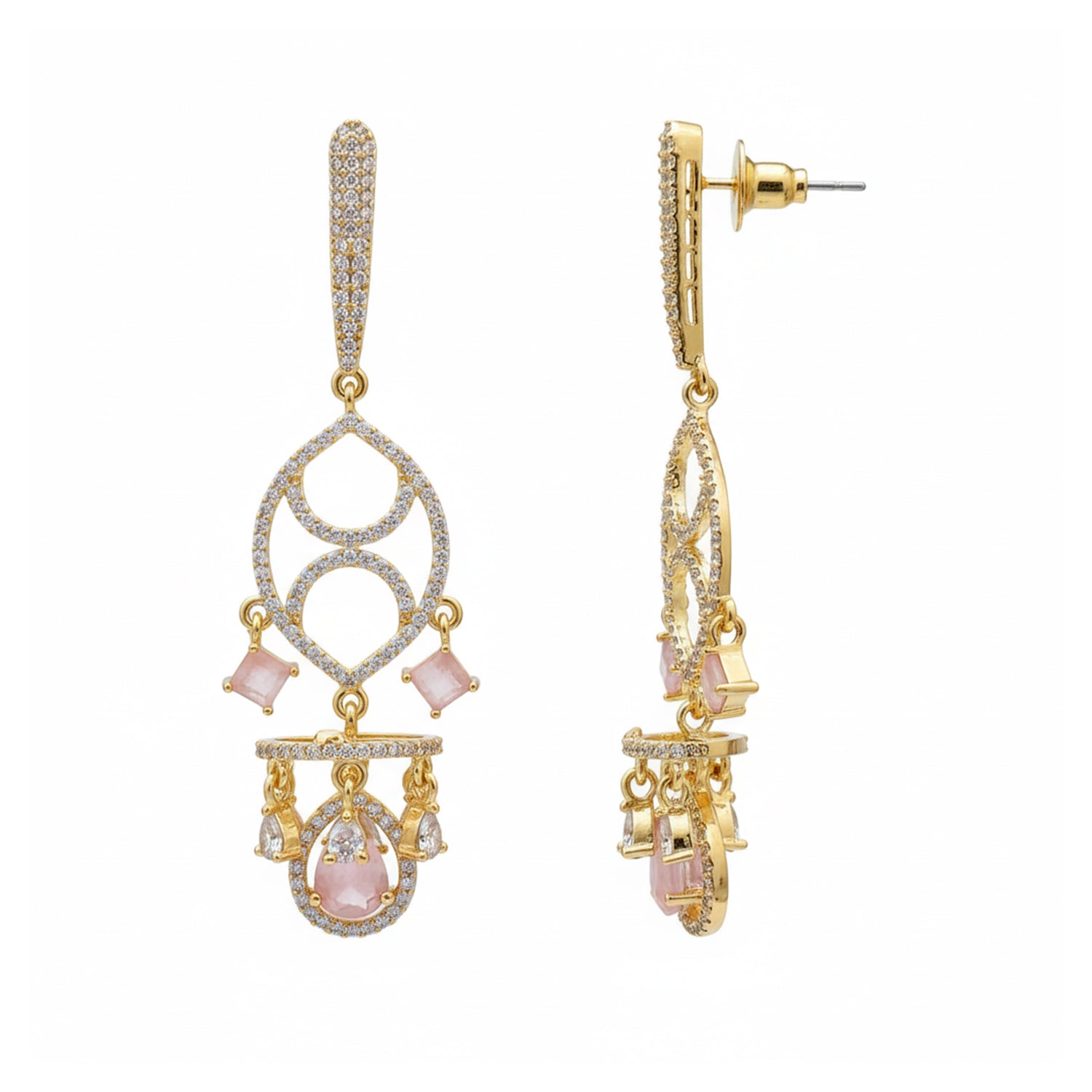 Naysha - American Diamond Chandelier Earrings with Pink Stone Detailing