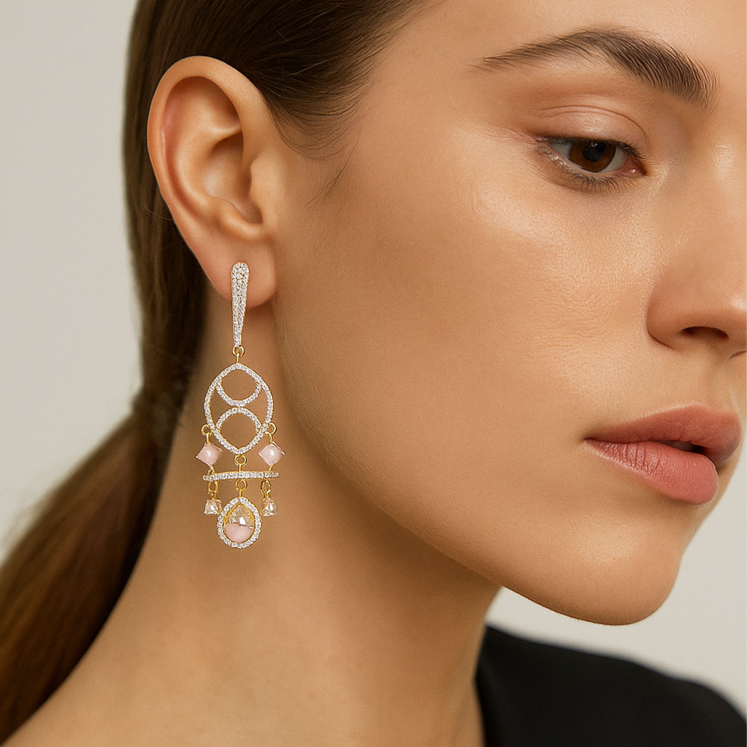 Naysha - American Diamond Earrings with Pink Stone Detailing