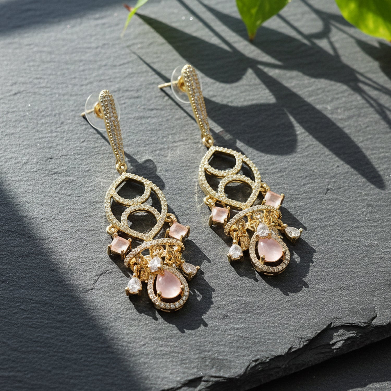 Naysha - American Diamond Earrings with Pink Stone Detailing