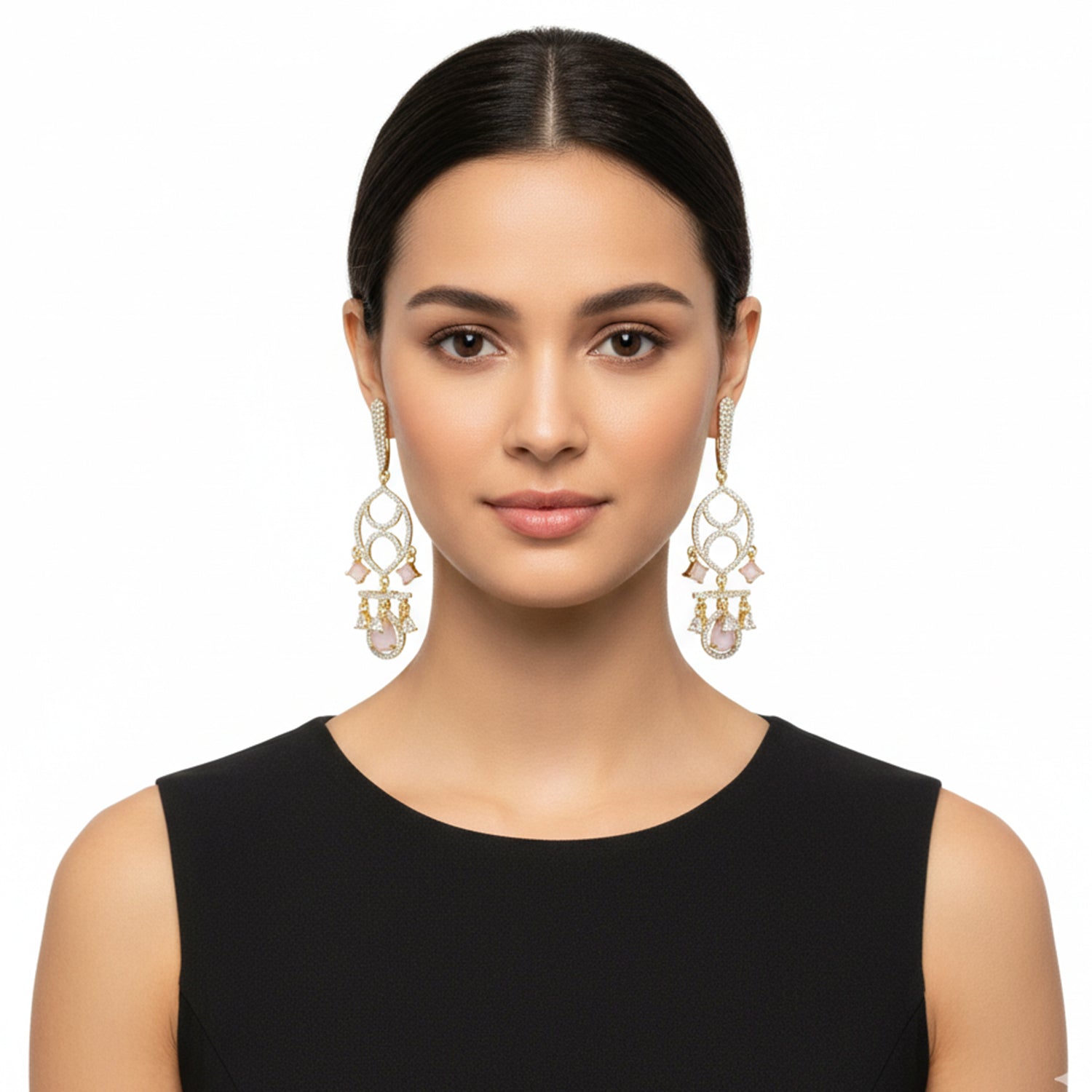 Naysha - American Diamond Chandelier Earrings with Pink Stone Detailing