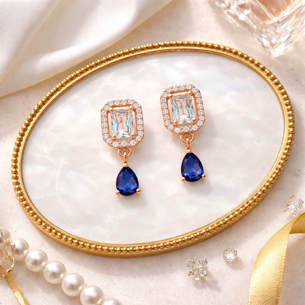 Clare- Blue Teardrop Stud Earrings in Rose Gold Finish