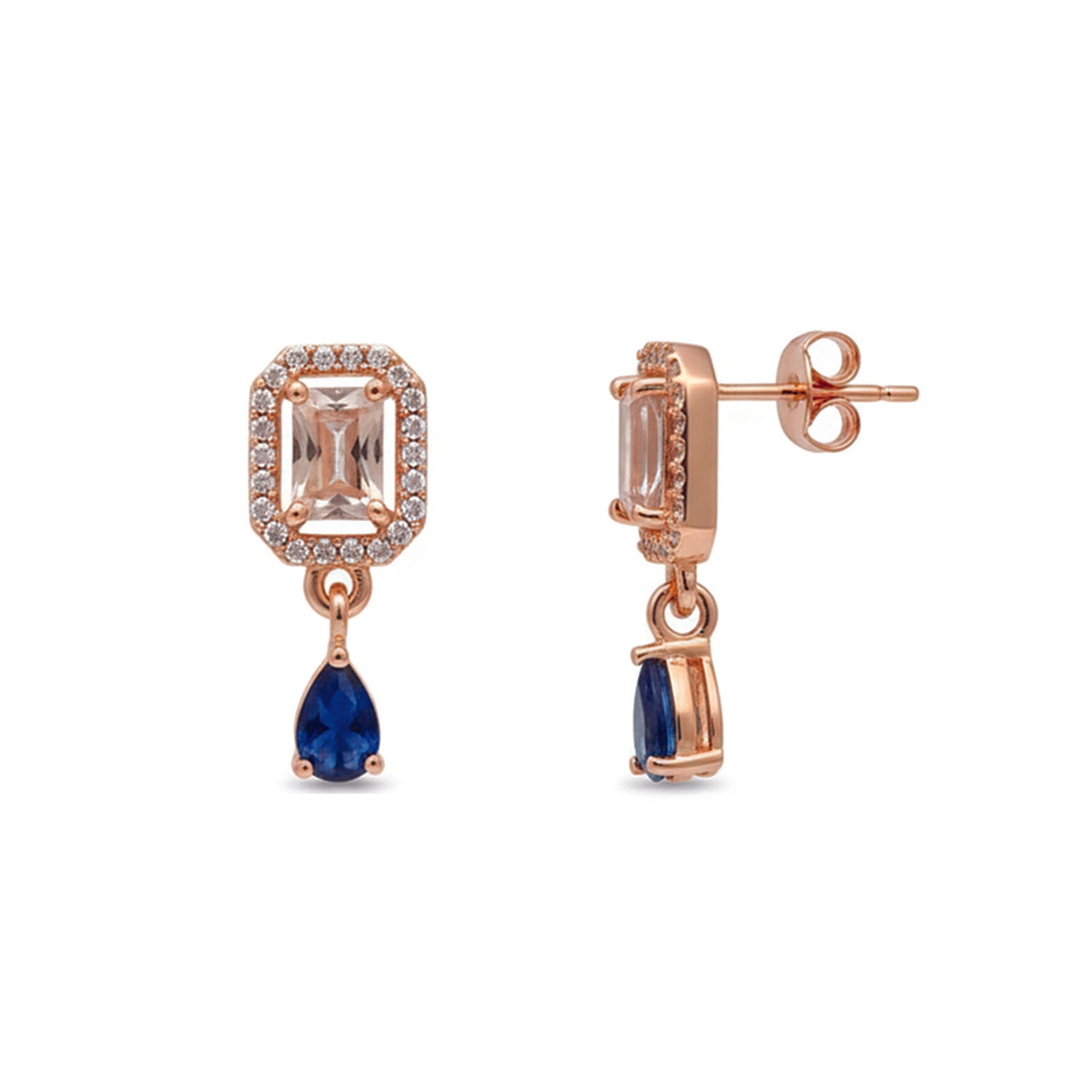Clare- Blue Teardrop Stud Earrings in Rose Gold Finish