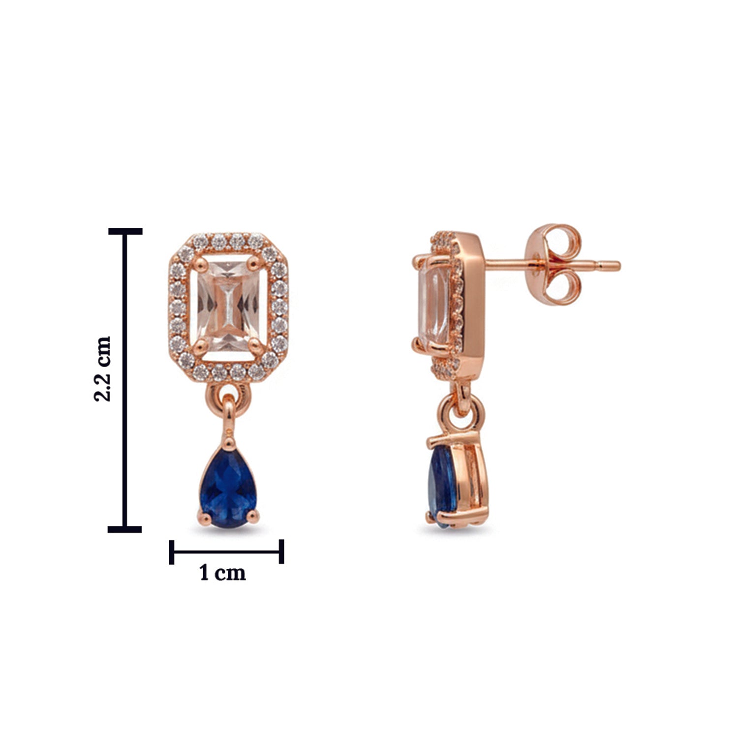 Clare- Blue Teardrop Stud Earrings in Rose Gold Finish