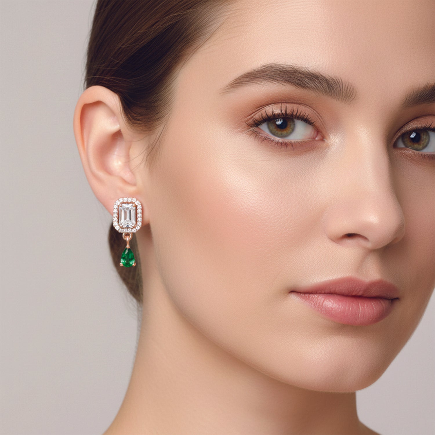 Clare- Green Teardrop Stud Earrings in Rose Gold Finish