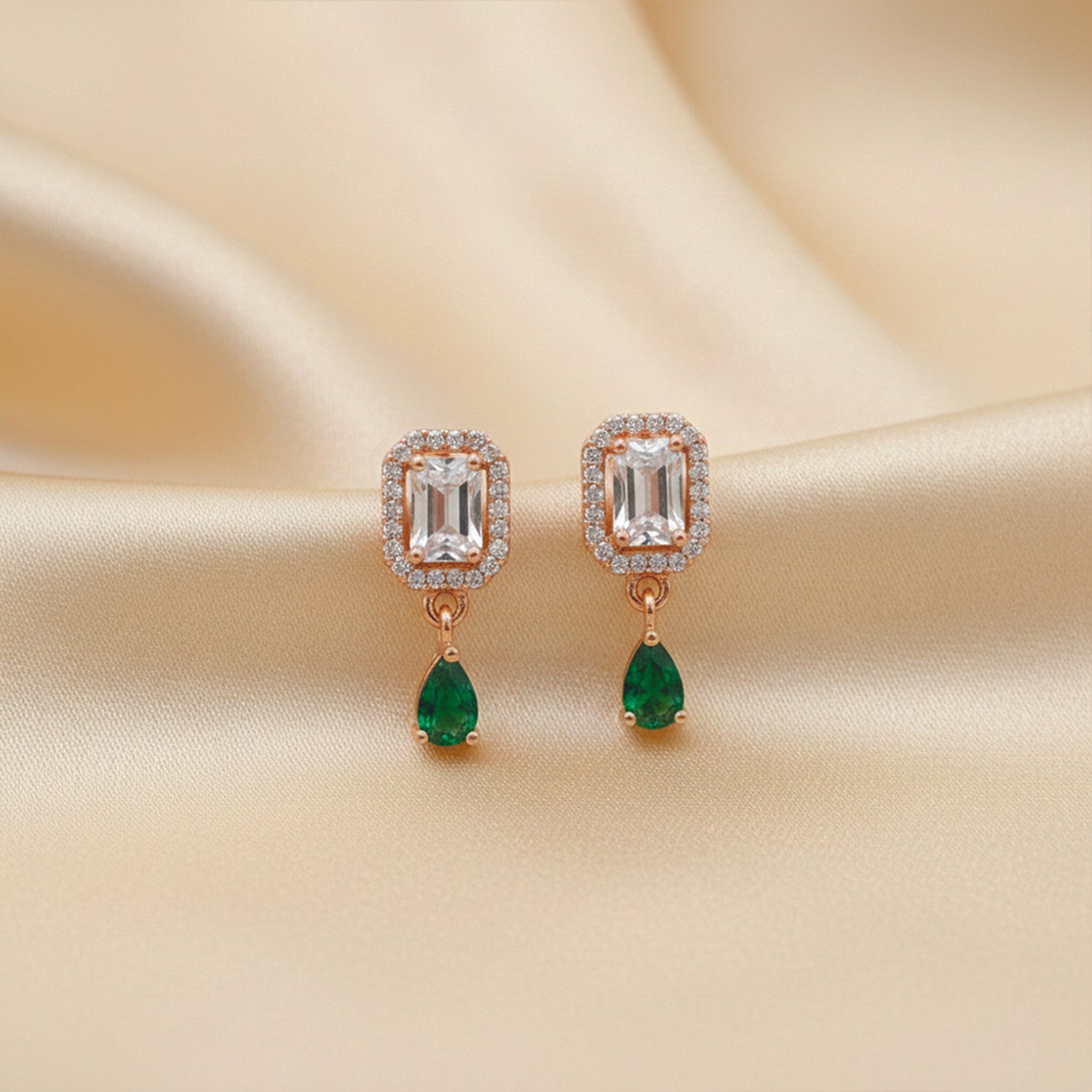 Clare- Green Teardrop Stud Earrings in Rose Gold Finish