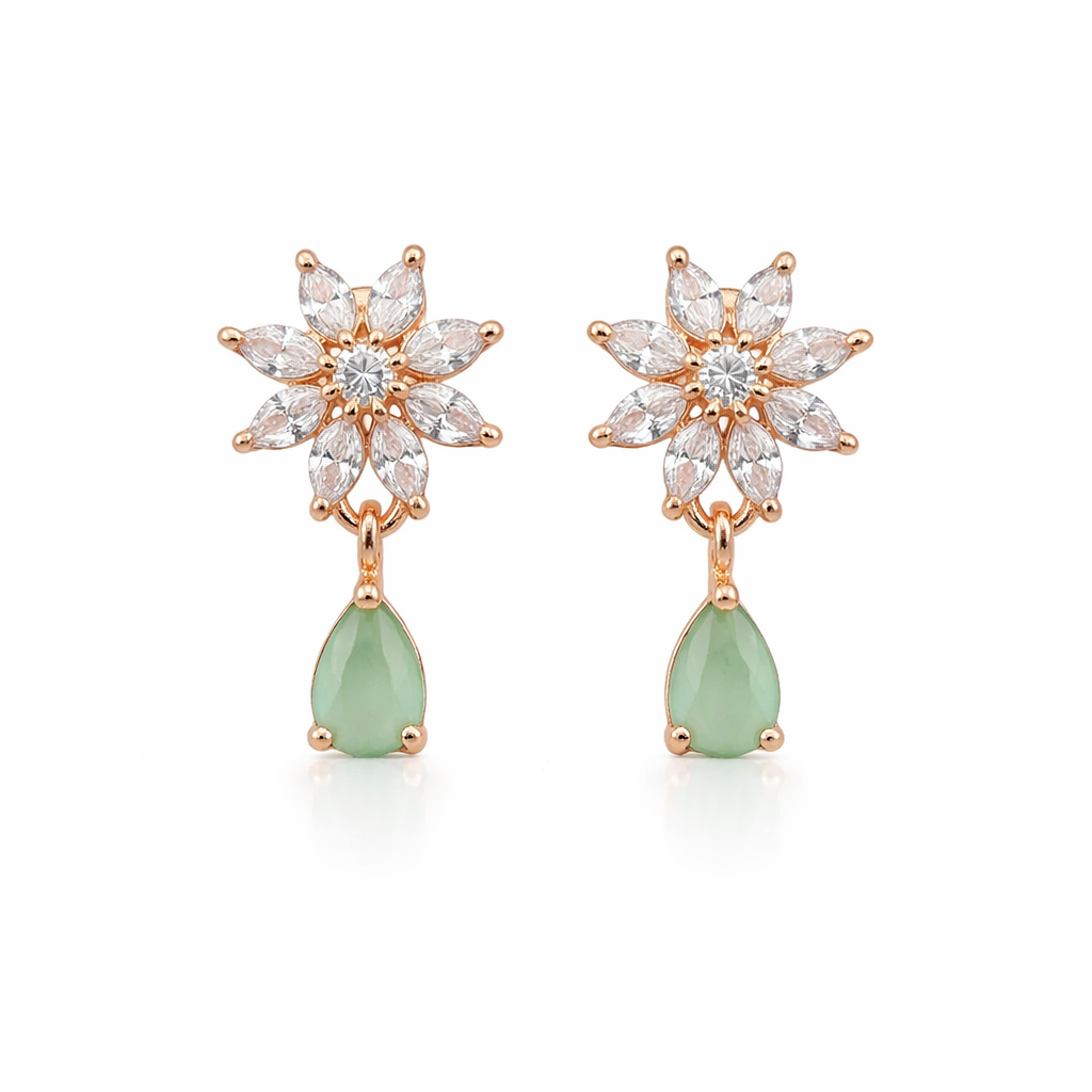 Elena Mint Bloom Drop Earrings in Rose Gold Finish