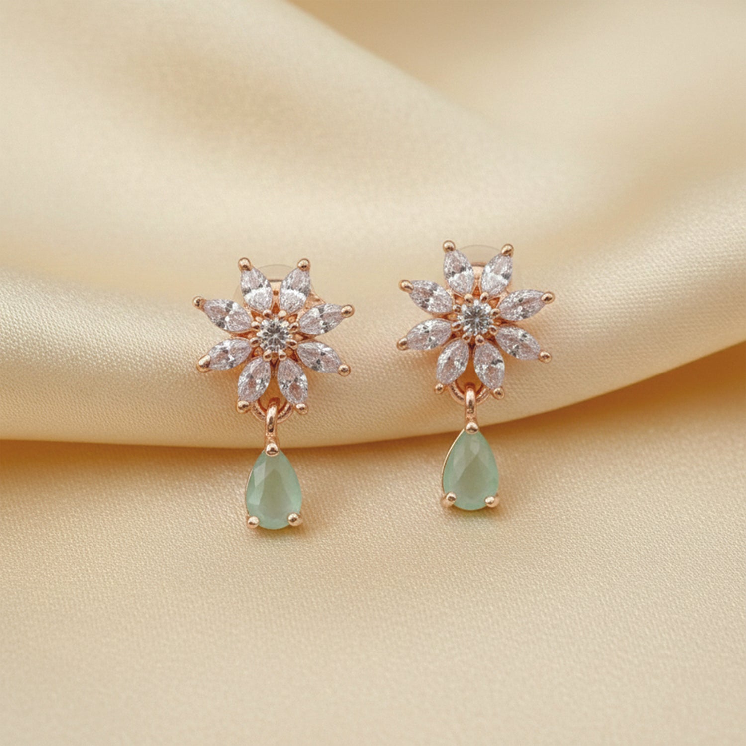 Elena Mint Bloom Drop Earrings in Rose Gold Finish