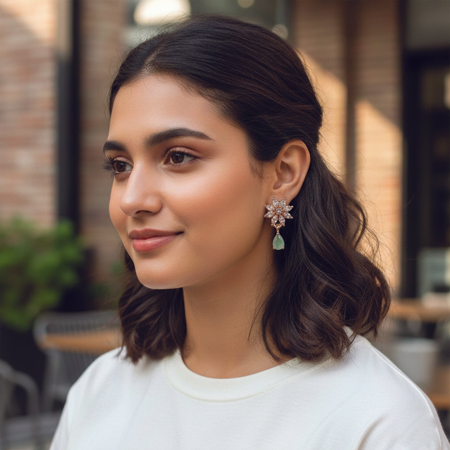 Elena Mint Bloom Drop Earrings in Rose Gold Finish
