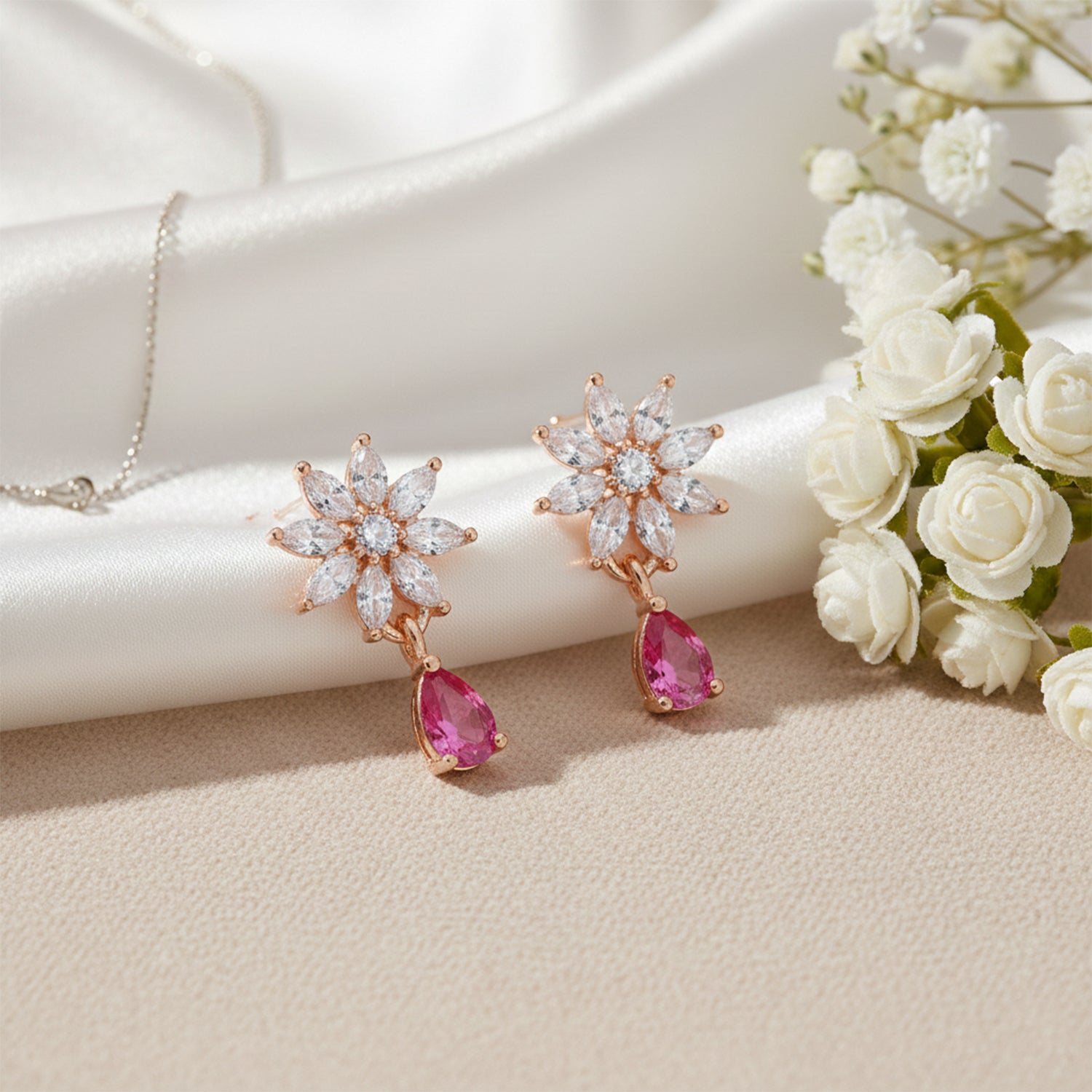 Elena Dark Pink Bloom Drop Earrings in Rose Gold Finish