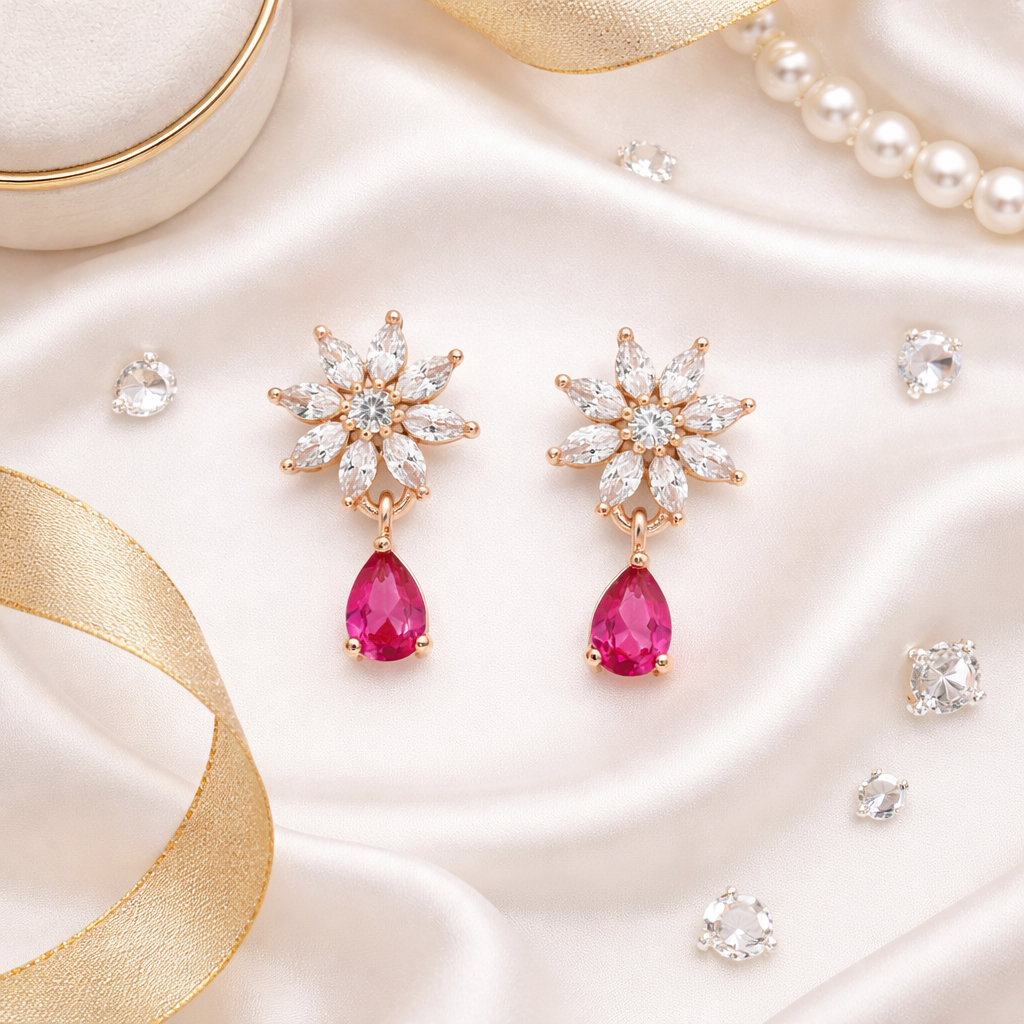 Elena Dark Pink Bloom Drop Earrings in Rose Gold Finish