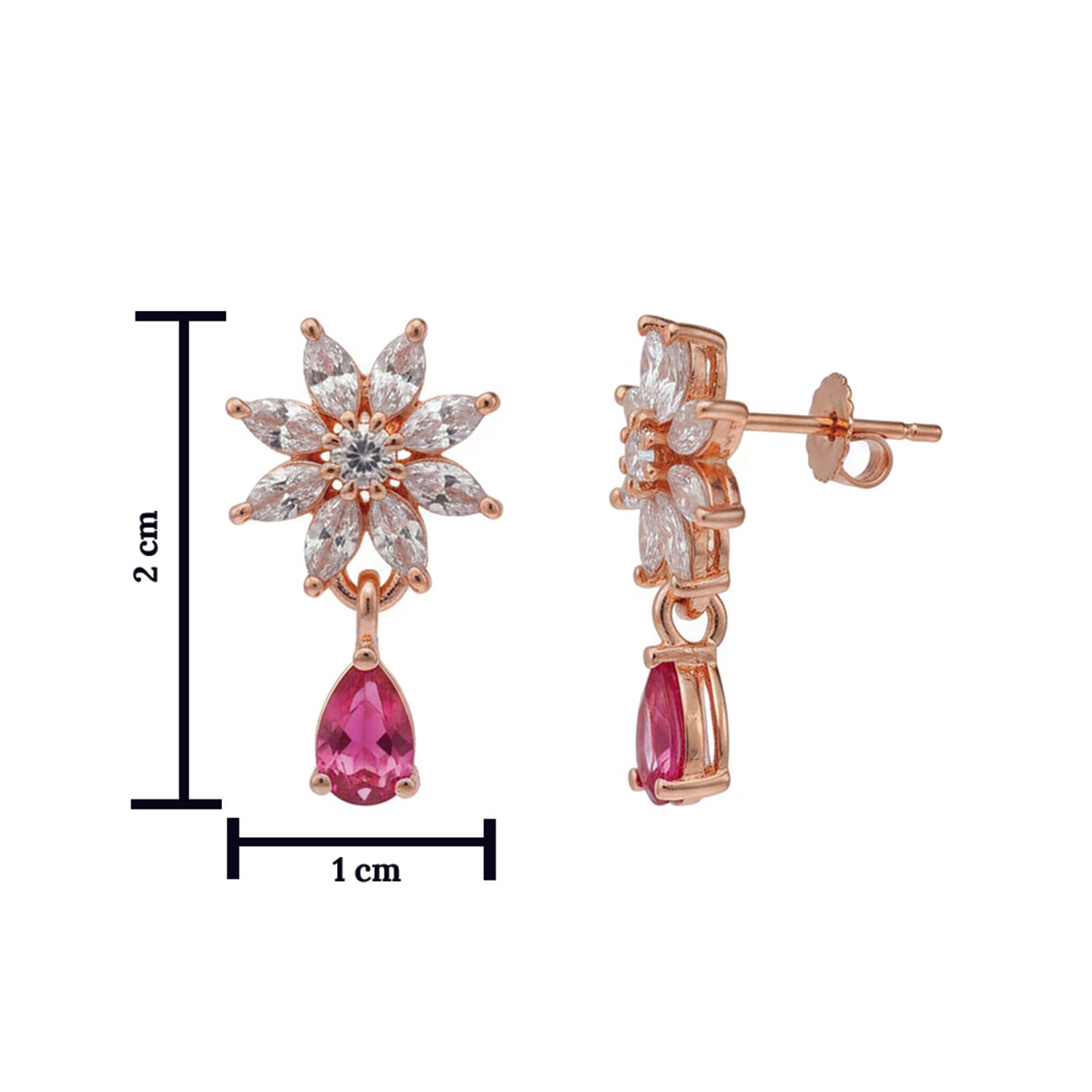 Elena Dark Pink Bloom Drop Earrings in Rose Gold Finish