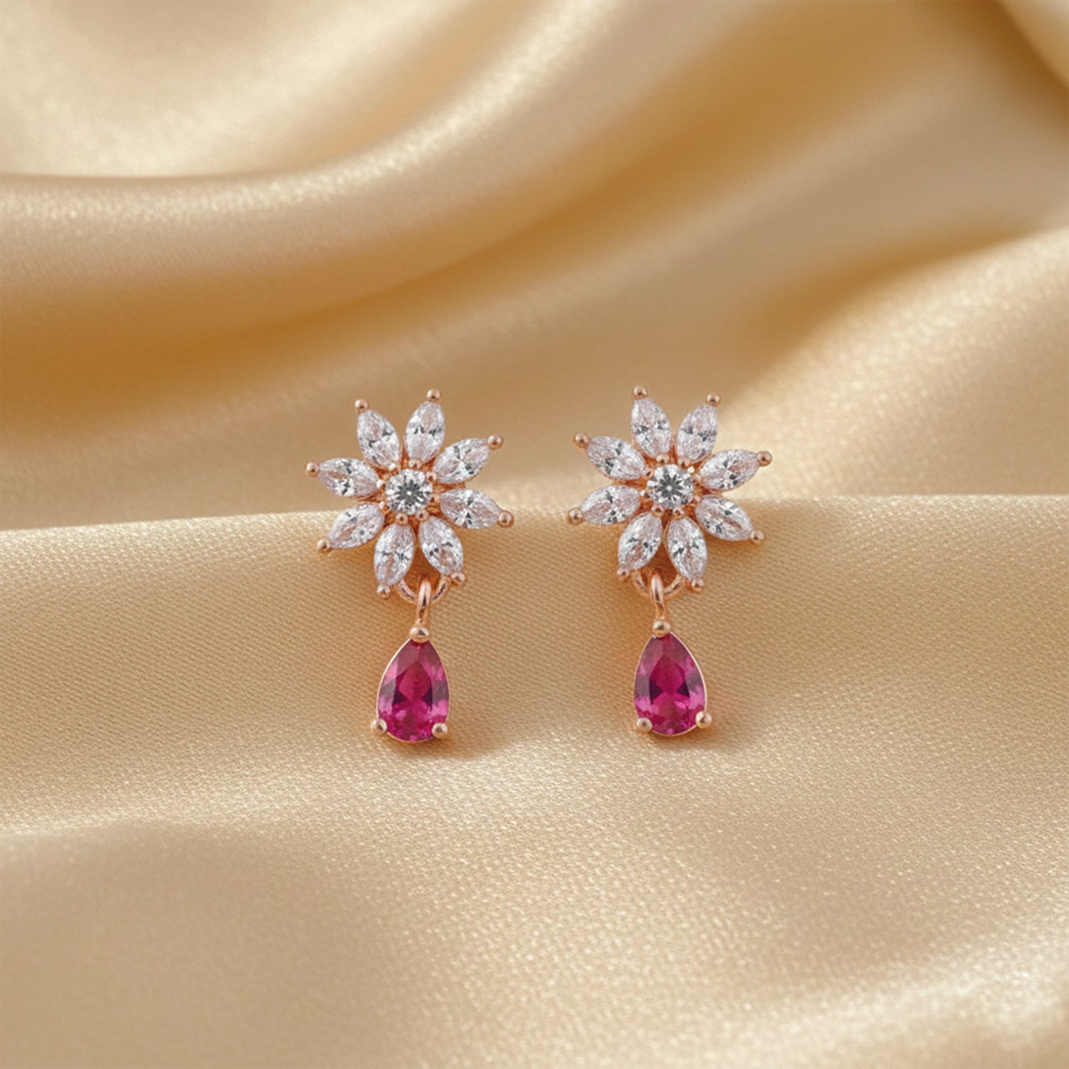 Elena Dark Pink Bloom Drop Earrings in Rose Gold Finish