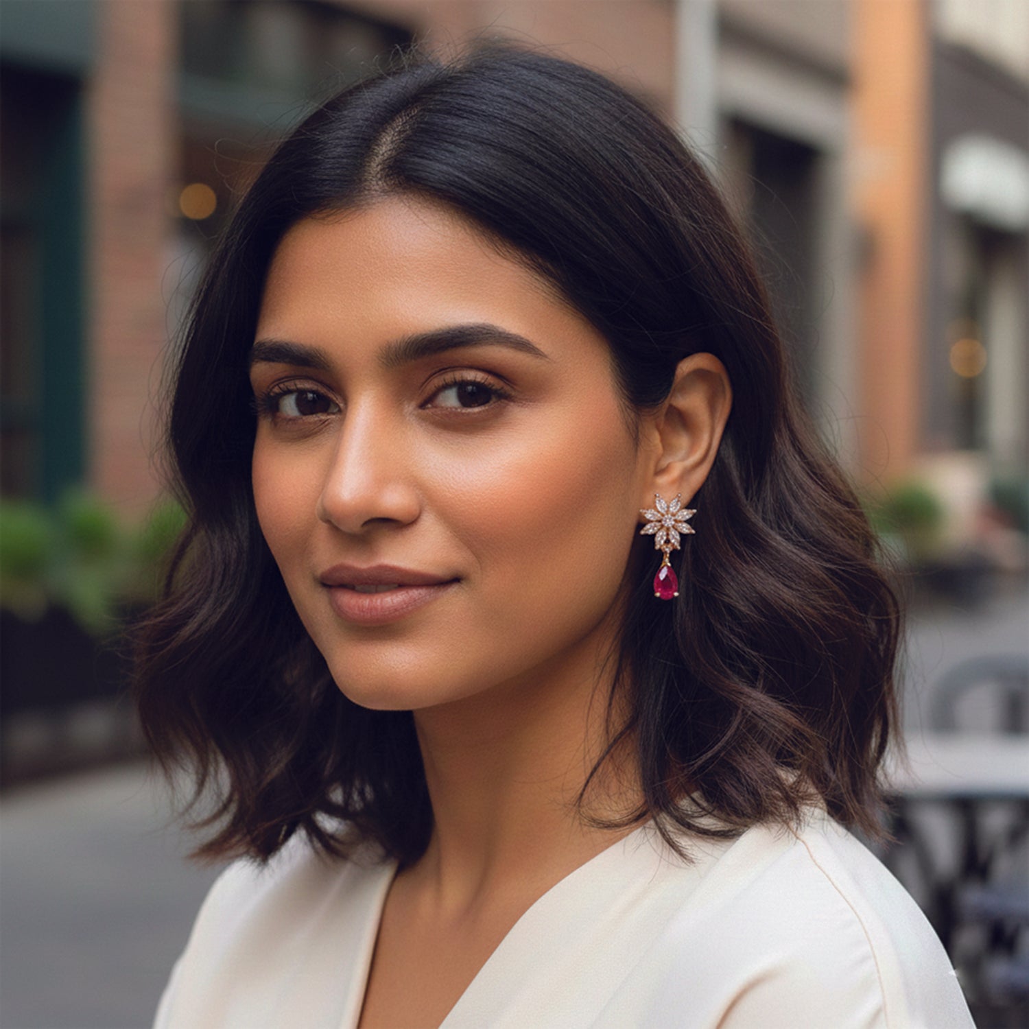 Elena Dark Pink Bloom Drop Earrings in Rose Gold Finish