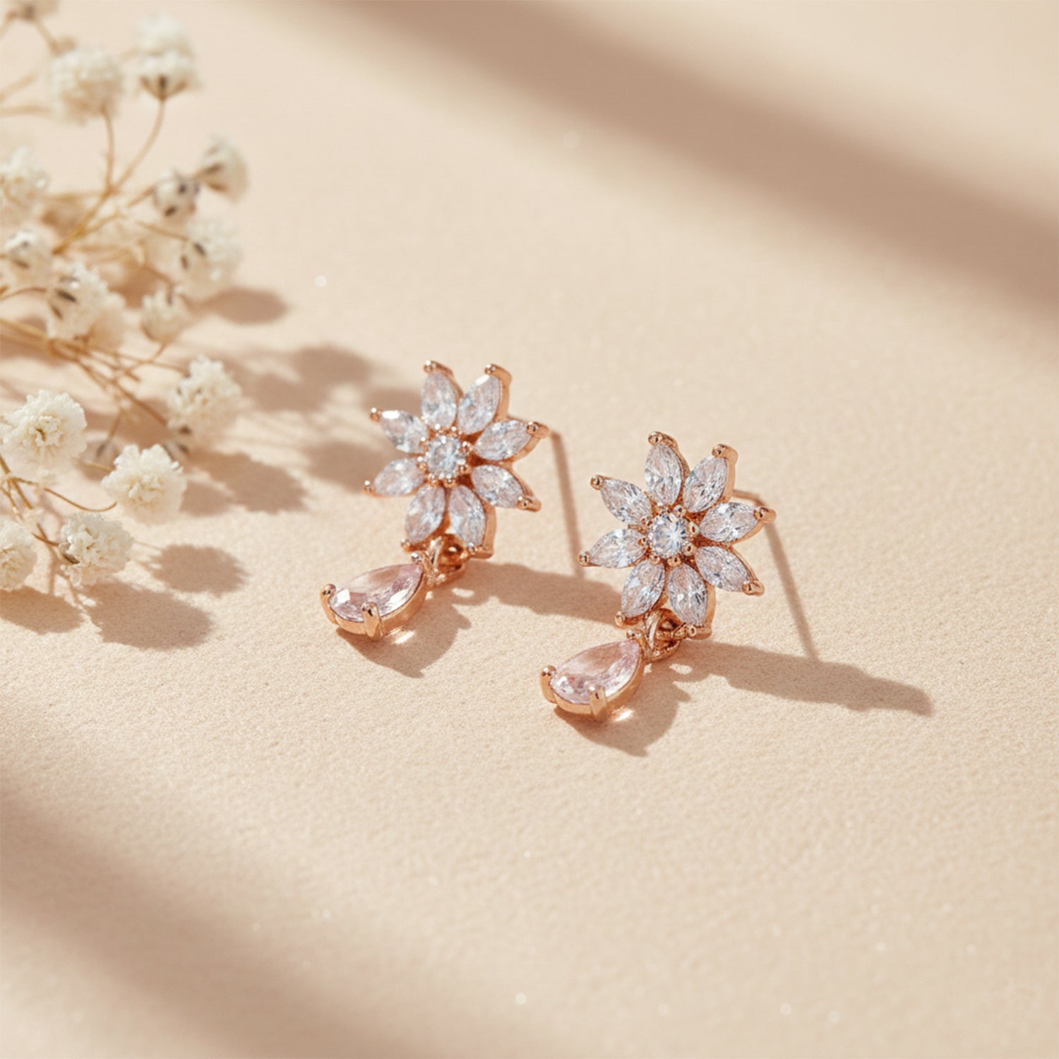 Elena White Bloom Drop Earrings in Rose Gold Finish