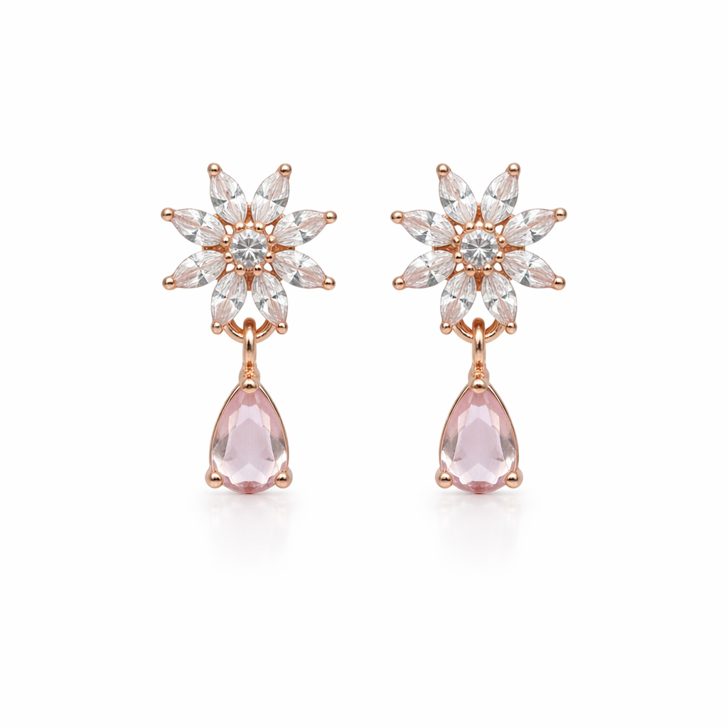 Elena White Bloom Drop Earrings in Rose Gold Finish