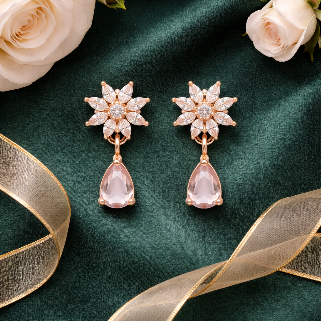 Elena White Bloom Drop Earrings in Rose Gold Finish
