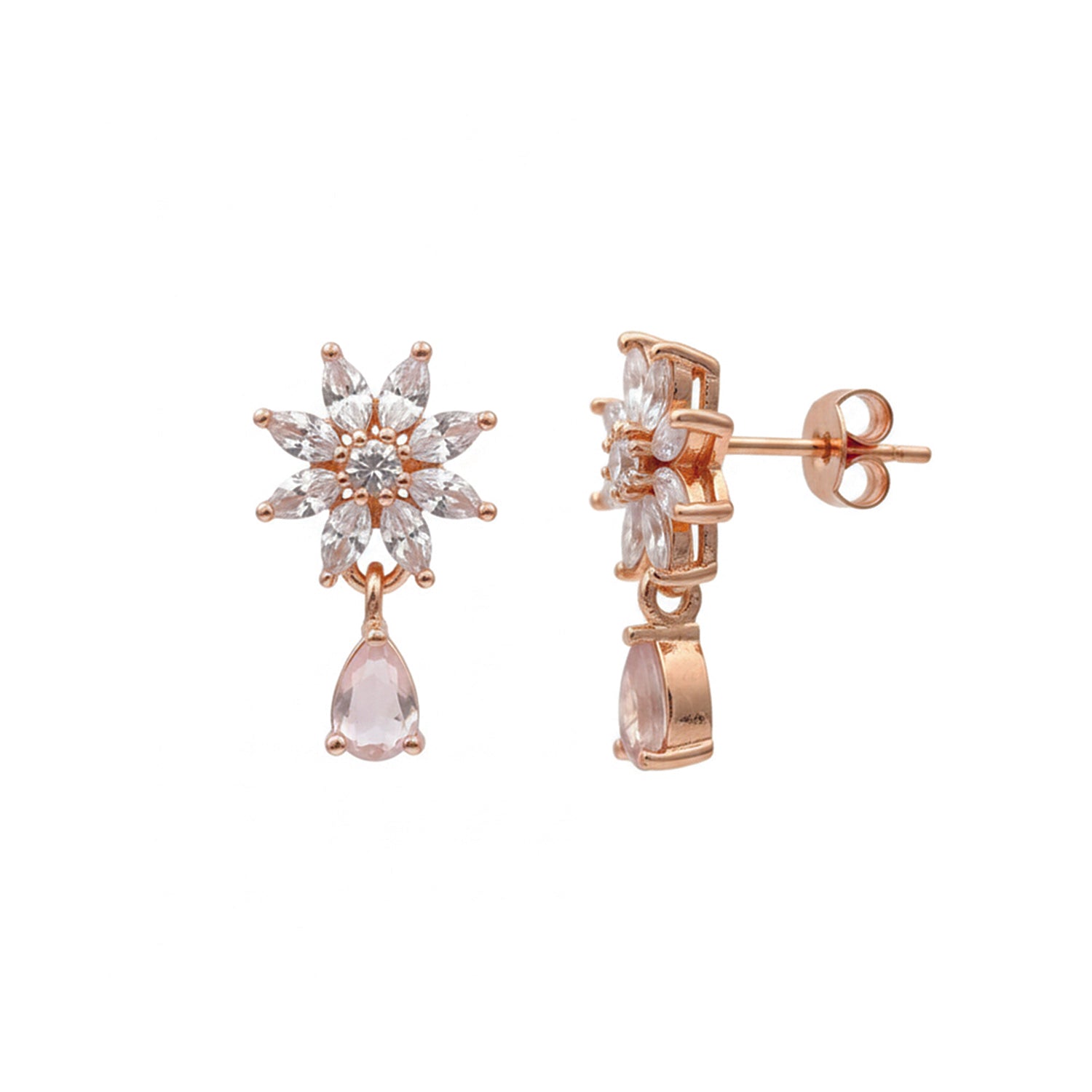 Elena White Bloom Drop Earrings in Rose Gold Finish